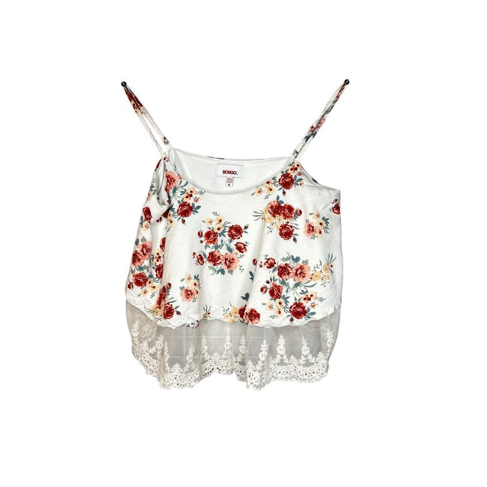 Bongo Cropped Shirt, Women’s, Medium, Cream Floral, Y2K Lace Hem